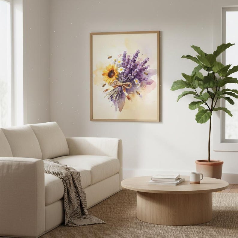Lavender Sunflower Bouquet Art Print | Watercolor Floral with Bees | Cottagecore Digital Download | Rustic Farmhouse Wall Art Instant image 2