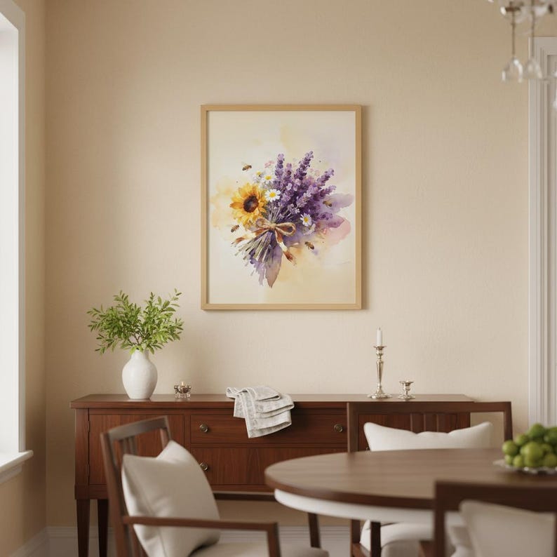 Lavender sunflower art in farmhouse kitchen, watercolor floral print above counter, rustic kitchen wall decor with bee art