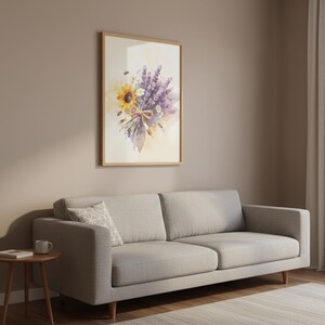 Framed lavender bouquet painting in living room, watercolor sunflower daisy art, cottagecore living room spring decor