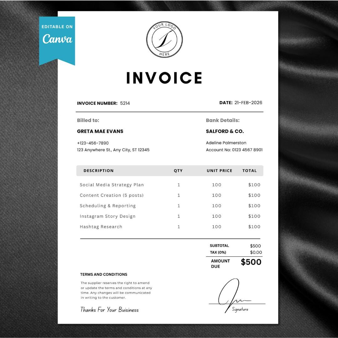 Editable Canva Invoice Template Professional Business Form PDF - Etsy ...