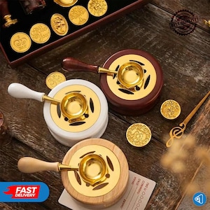 May include: A collection of wax seal stamp supplies. The image features three wax melting pots with wooden and white handles, gold-colored melting bowls, and decorative wax seals. The set includes a box of wax seals and a fast delivery sticker.