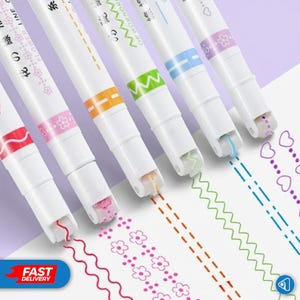 May include: A set of white decorative pens with colorful ink rollers. Each pen has a different colored band and draws a unique patterned line, including wavy, dashed, and dotted designs. The pens are designed for creative projects and crafts.