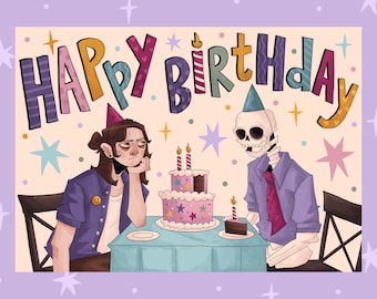 Biglietto di auguri di compleanno illustrato con scheletro sciocco