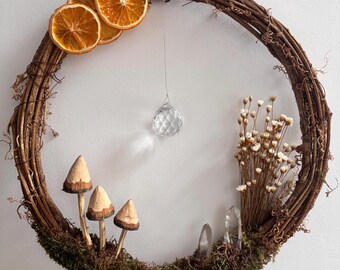 Rustic Handcrafted Wreath with Dried Oranges, Flowers, Mushrooms & Quartz Crystals | Natural Home Decor | Cottagecore, Boho Wall Art