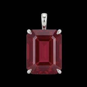Peut inclure: Un pendentif rectangulaire doté d'une pierre précieuse rouge foncé à facettes, sertie dans une monture en métal argenté poli. La pierre présente une taille émeraude aux lignes nettes et une bélière saillante au sommet pour la fixation.