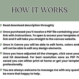 May include: A guide titled "HOW IT WORKS" with instructions on using a template. It details downloading, editing in Canva, and saving as a PDF for printing. The text is on a white background with green accents.