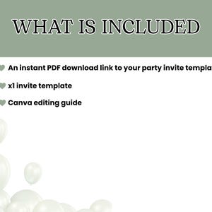 May include: A digital graphic with the text "WHAT IS INCLUDED" at the top. Below, bullet points list: a PDF download link, an invite template, and a Canva editing guide. White balloons are in the lower left corner.