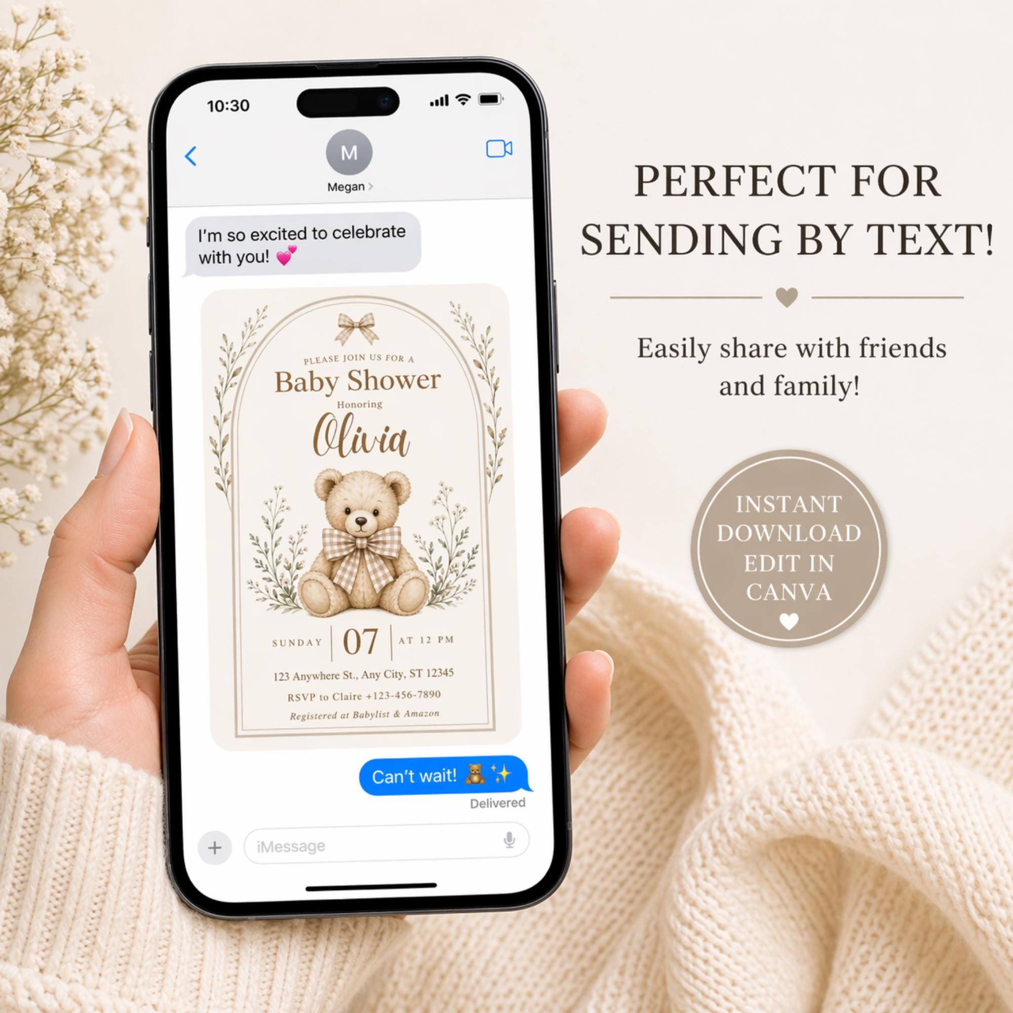 Editable Teddy Bear Baby Shower Invitation Canva Template Neutral Baby ...