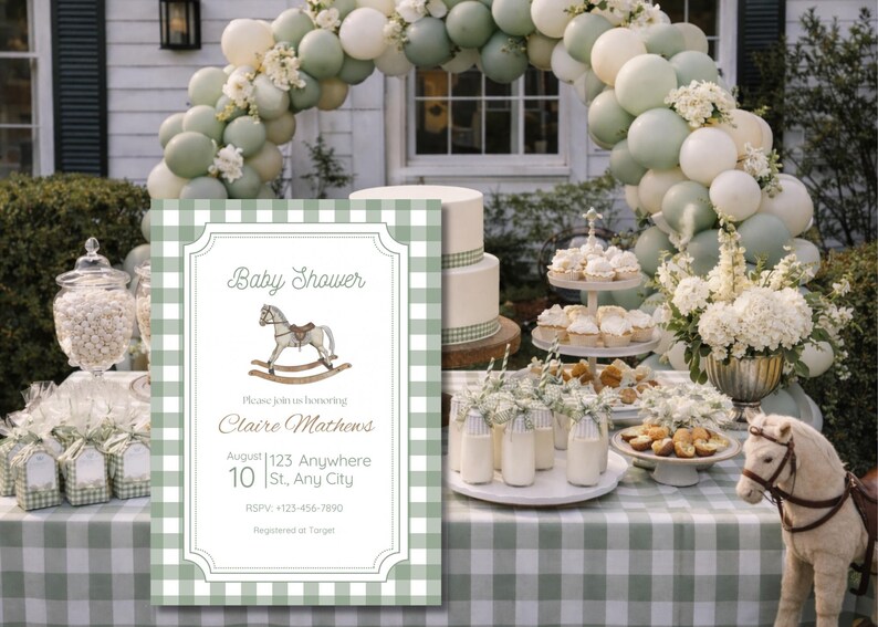 May include: A baby shower scene with a green and white checked tablecloth. The table is set with a cake, cupcakes, and a sign saying "Baby Shower". A balloon arch and a toy rocking horse are also visible. The invitation includes the text.