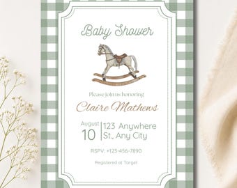 Invitación vintage para baby shower con diseño de caballito mecedor: dulce, clásica y atemporal. Invitación editable de descarga instantánea.