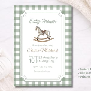 May include: Baby shower invitation with a green and white gingham pattern. The invitation features a rocking horse illustration and text that reads "Baby Shower" and details for Claire Mathews' shower. Includes RSVP information.