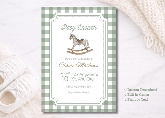Vintage Rocking Horse Baby Shower Invitation – Sweet, Classic & Timeless- Instant Download Editable Invite.