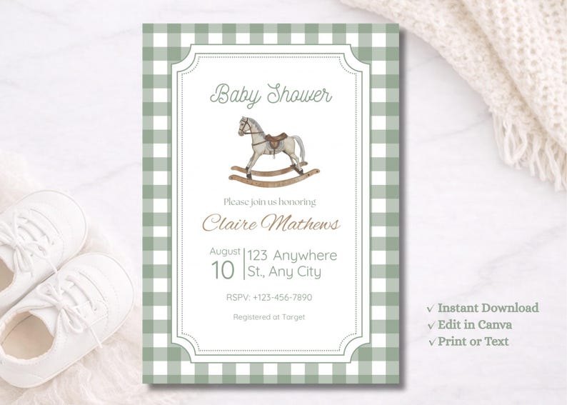 May include: Baby shower invitation with a green and white gingham pattern. The invitation features a rocking horse illustration and text that reads "Baby Shower" and details for Claire Mathews' shower. Includes RSVP information.