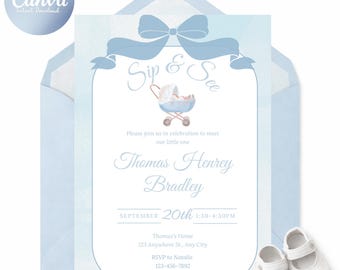 Blue Sip & See Invitation – Baby Welcome Party Invite (Digital Download)