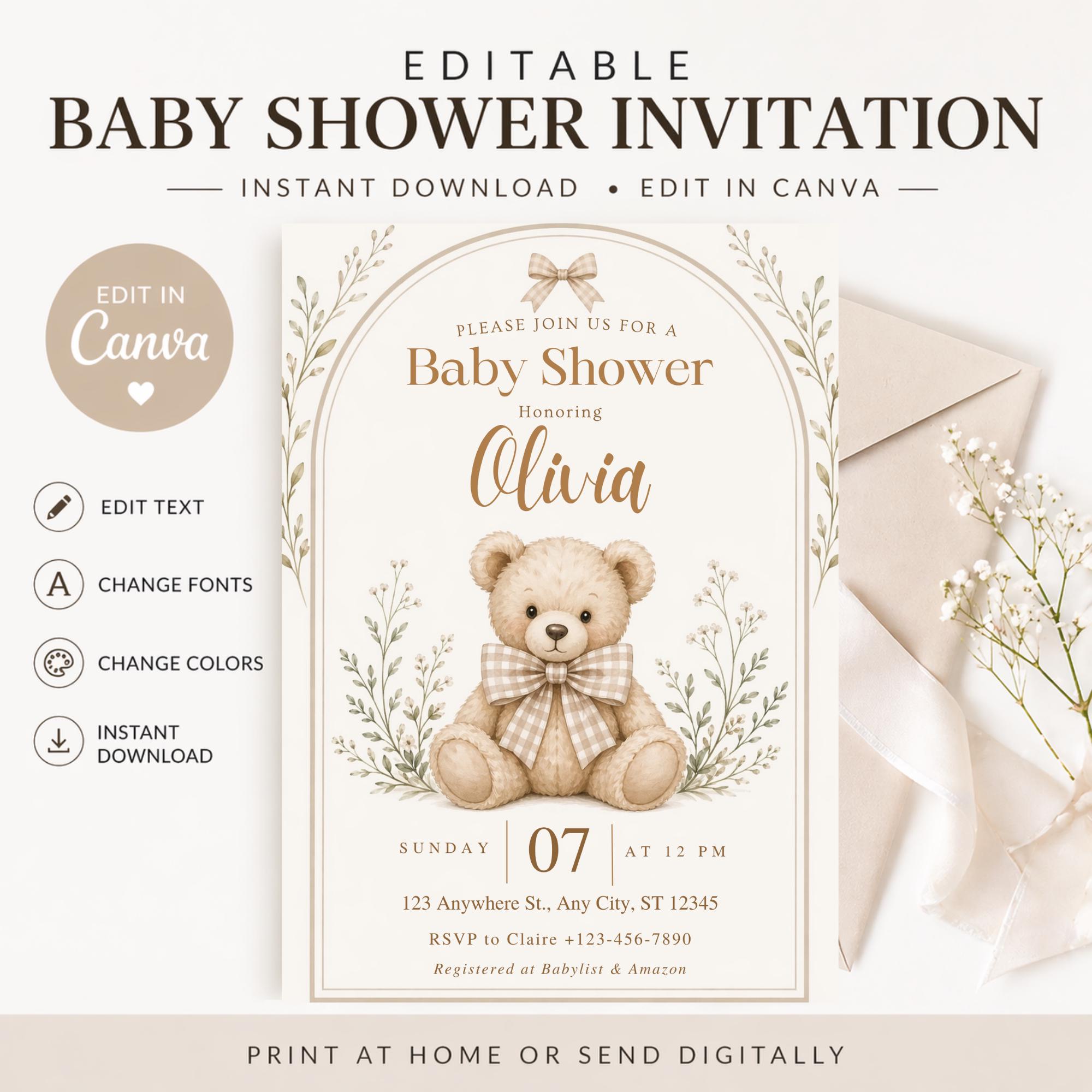Editable Teddy Bear Baby Shower Invitation Canva Template Neutral Baby ...