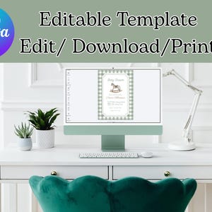 May include: A computer screen displaying a baby shower invitation template. The invitation features a green and white gingham pattern and a rocking horse illustration. The text on the screen reads "Baby Shower" and other details. The words "Edit in Canva" are in a blue circle.