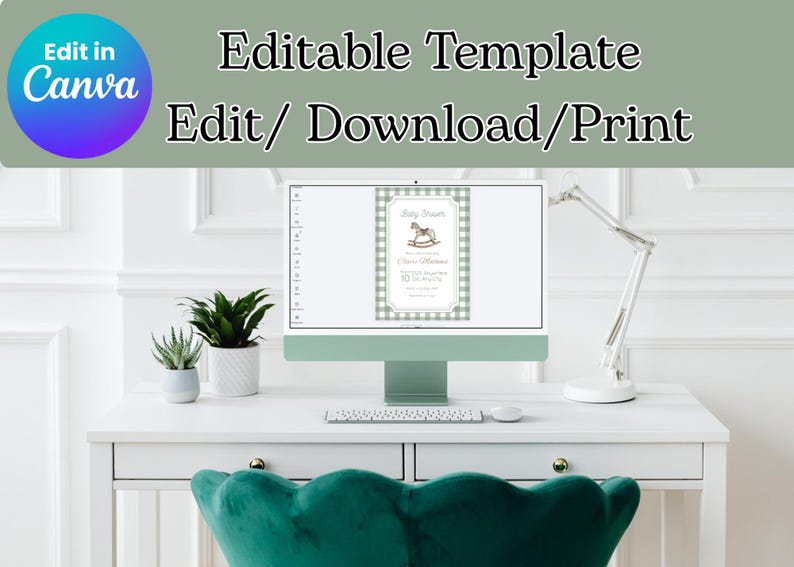 May include: A computer screen displaying a baby shower invitation template. The invitation features a green and white gingham pattern and a rocking horse illustration. The text on the screen reads "Baby Shower" and other details. The words "Edit in Canva" are in a blue circle.