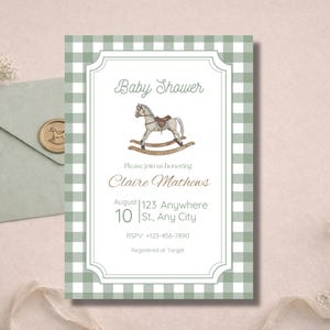 May include: A baby shower invitation with a green and white gingham pattern. The invitation features a rocking horse illustration and the text "Baby Shower." Details include the honoree's name, date, time, and RSVP information.