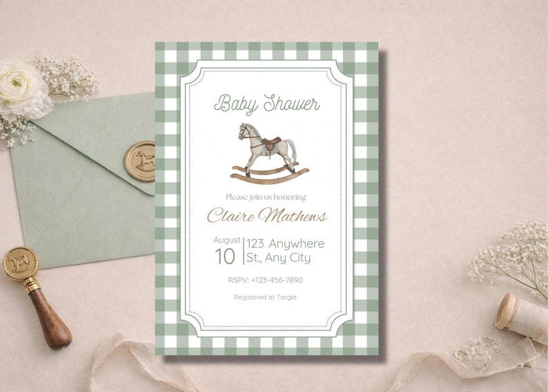 May include: A baby shower invitation with a green and white gingham pattern. The invitation features a rocking horse illustration and the text "Baby Shower." Details include the honoree's name, date, time, and RSVP information.