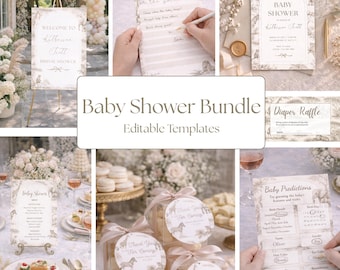 Toile de Jouy Baby Shower Bundle, Neutral Editable Templates (Digital Download)