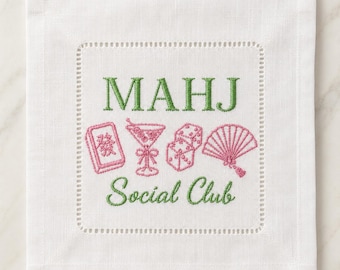 Mahjong Cocktail Napkins, Embroidered Mahjong Social Club Napkin, Mahjong Party Decor, Hostess Gift, Girls Night Linen Napkin