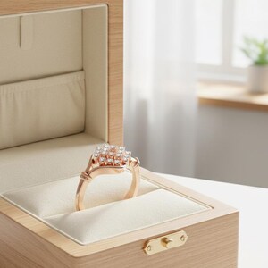 K&ouml;nnte beinhalten: Ein ros&eacute;goldener Ring mit einer Ansammlung kleiner, funkelnder Diamanten liegt in einer offenen Holzschatulle. Der Ring befindet sich auf einem cremefarbenen Kissen. Die Schatulle hat einen hellen Innenraum und einen Messingverschluss.
