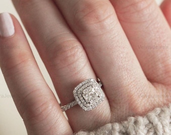 Kissenschliff Moissanit Doppel Halo Verlobungsring, 14k Weißgold Braut Set