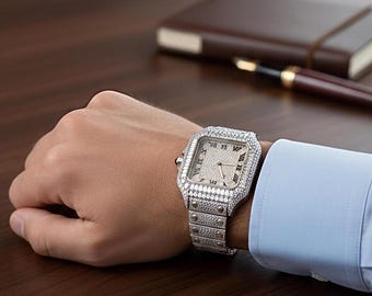 Luxus Iced Diamant Uhr für Männer, quadratisches Zifferblatt römische Ziffern, Silber Hip Hop Uhr, Bling Statement Timepiece Geschenk, personalisierter Schmuck