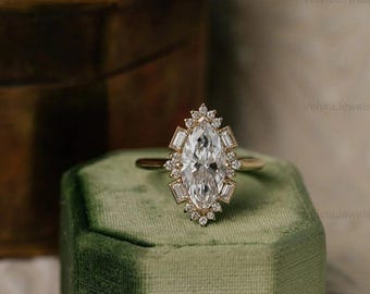 14k Gold Marquise Moissanit Verlobungsring, Sunburst Halo, Vintage Stil