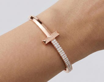 Rose Gold T Bangle Diamond Pave Bracelet Minimalist Fine Jewelry Elegant Geometric Statement Gift For Her Anniversary Unique Stacking