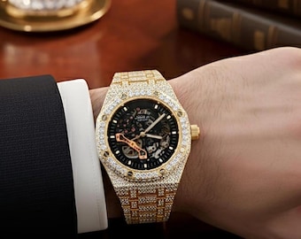 Iced Out Moissanite Diamond Watch, Stainless Steel Roman Numerals, Hip Hop Style
