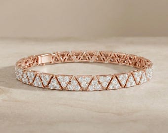 Unique 10K Rose Gold Diamond Bracelet Geometric Triangle Pave Bangle Fine Jewelry Modern Bridal Wedding Anniversary Gift For Her