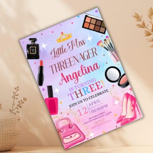 Fashion & Makeup Miss Threenager Birthday Party Invitation Card Template, Digital Girls Spa 3rd Birthday Invite, Mobile Evite,Canva Editable