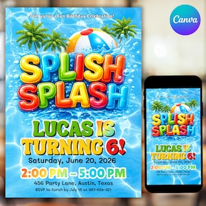 Splish Splash Birthday Invitation, Pool Party Invite for Kids, Summer Water Theme, Printable Template, Instant Download, Canva Editable
