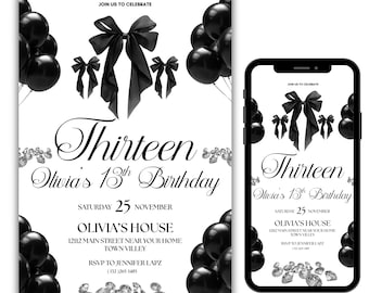 Black Bow Birthday, Birthday Party Invitation, Coquette Black Bow Invitation, Coquette 13th Birthday Invitation, Canva Editable