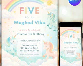 Invitación de cumpleaños de unicornio, invitación mágica para fiesta de arcoíris de 5 años, descarga instantánea, celebración de cumpleaños colorida, plantilla editable de Canva