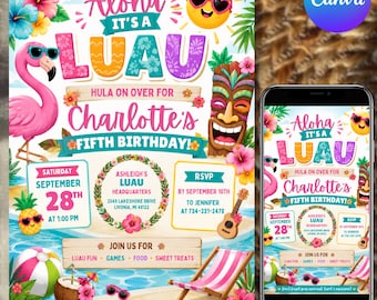 Plantilla de invitación de cumpleaños Aloha Luau, Cumpleaños Luau, Tema de cumpleaños tropical, Invitación electrónica de descarga instantánea, Plantilla editable de Canva