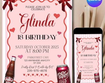 Invitación de cumpleaños con refresco Dr Pepper, invitación personalizada, invitación digital, plantilla editable de Canva, descarga instantánea, fiesta de cumpleaños