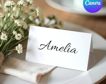Plantilla de tarjetas de mesa imprimibles, etiquetas de nombres para cena imprimibles para bodas y fiestas con caligrafía elegante, descarga digital, editable en Canva.