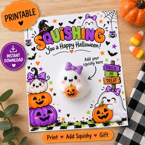 May include: A white card with the text SQUISHING You a Happy Halloween, featuring illustrations of ghosts, pumpkins, and a sign reading TRICK OR TREAT. A white ghost squishy toy with a purple bow and orange pumpkin is attached to the center.