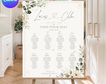 Plantilla de plano de asientos para bodas con diseño de eucalipto, letrero imprimible para encontrar tu asiento, descarga digital, descarga instantánea, plantilla editable en Canva.