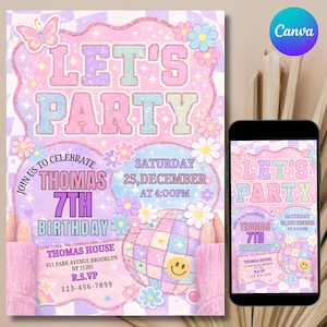 May include: A pastel-colored birthday party invitation with the text "LET'S PARTY" in large letters. The invitation includes details for Thomas's 7th birthday, with a disco ball graphic and floral accents. A smartphone displays the invitation.