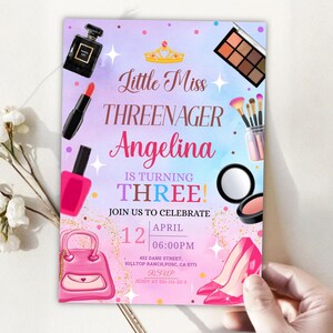 Fashion & Makeup Miss Threenager Birthday Party Invitation Card Template, Digital Girls Spa 3rd Birthday Invite, Mobile Evite,Canva Editable