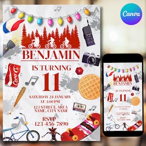 May include: A birthday party invitation with a red and white theme. The invitation includes the name "Benjamin", the age "11", and event details. The design incorporates elements like a waffle, a camera, and a skateboard.