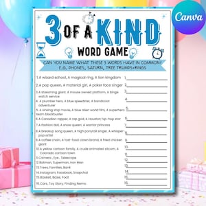 Könnte beinhalten: Ein Wortspiel mit dem Titel "3 of a Kind" mit blauem und weißem Design. Das Spiel fordert die Spieler heraus, ein gemeinsames Wort unter drei vorgegebenen Hinweisen zu identifizieren. Das Spiel enthält 16 Sätze von Hinweisen, jeweils mit einem leeren Feld für die Antwort.