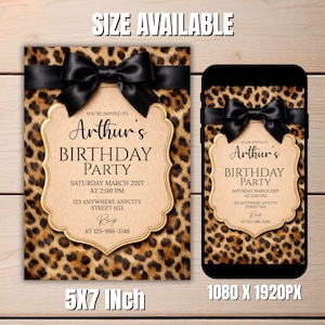 Cheetah Print Birthday Invitation, Coquette Bow Birtday, Birthday Invitations, Digital Download, Printable Invite, Canva Editable Template