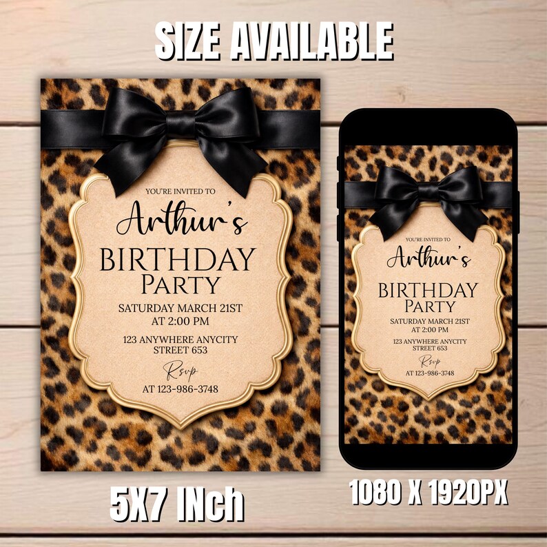 Cheetah Print Birthday Invitation, Coquette Bow Birtday, Birthday Invitations, Digital Download, Printable Invite, Canva Editable Template