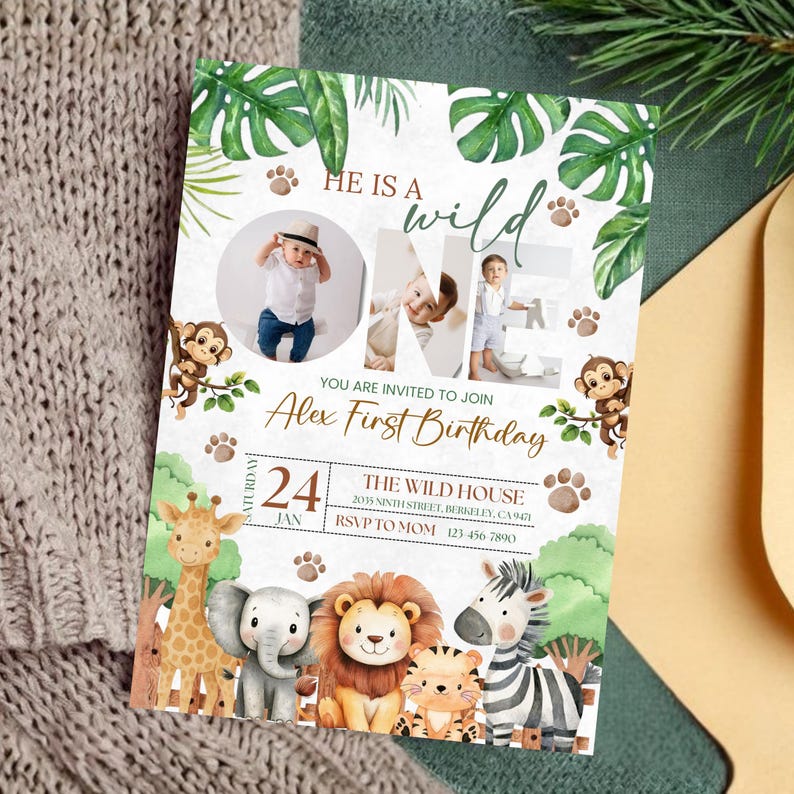 Wild One Birthday Safari Invitation, Editable Digital Download, Jungle Animals 1st Birthday Invite With Photo Printable, Text Invite, DIY