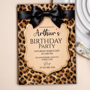 Cheetah Print Birthday Invitation, Coquette Bow Birtday, Birthday Invitations, Digital Download, Printable Invite, Canva Editable Template