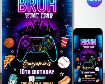 Invitación de cumpleaños editable de Bruh, ¿Te apuntas? Invitación de cumpleaños de neón gamer, invitación de neón de Bruh